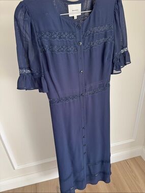 Reformation Navy Lace-Trim Button-Front Midi Dress